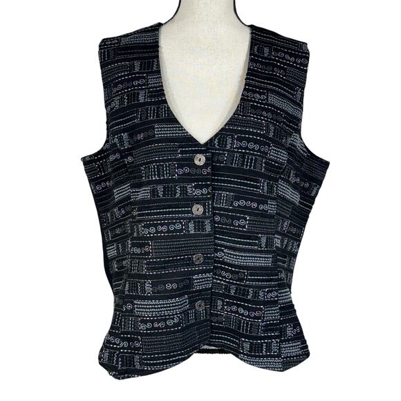 Chico's SZ 3 (X-Large) Tamney Denim Vest Jacket Lined Button-Up Embroidery Black - Picture 1 of 7
